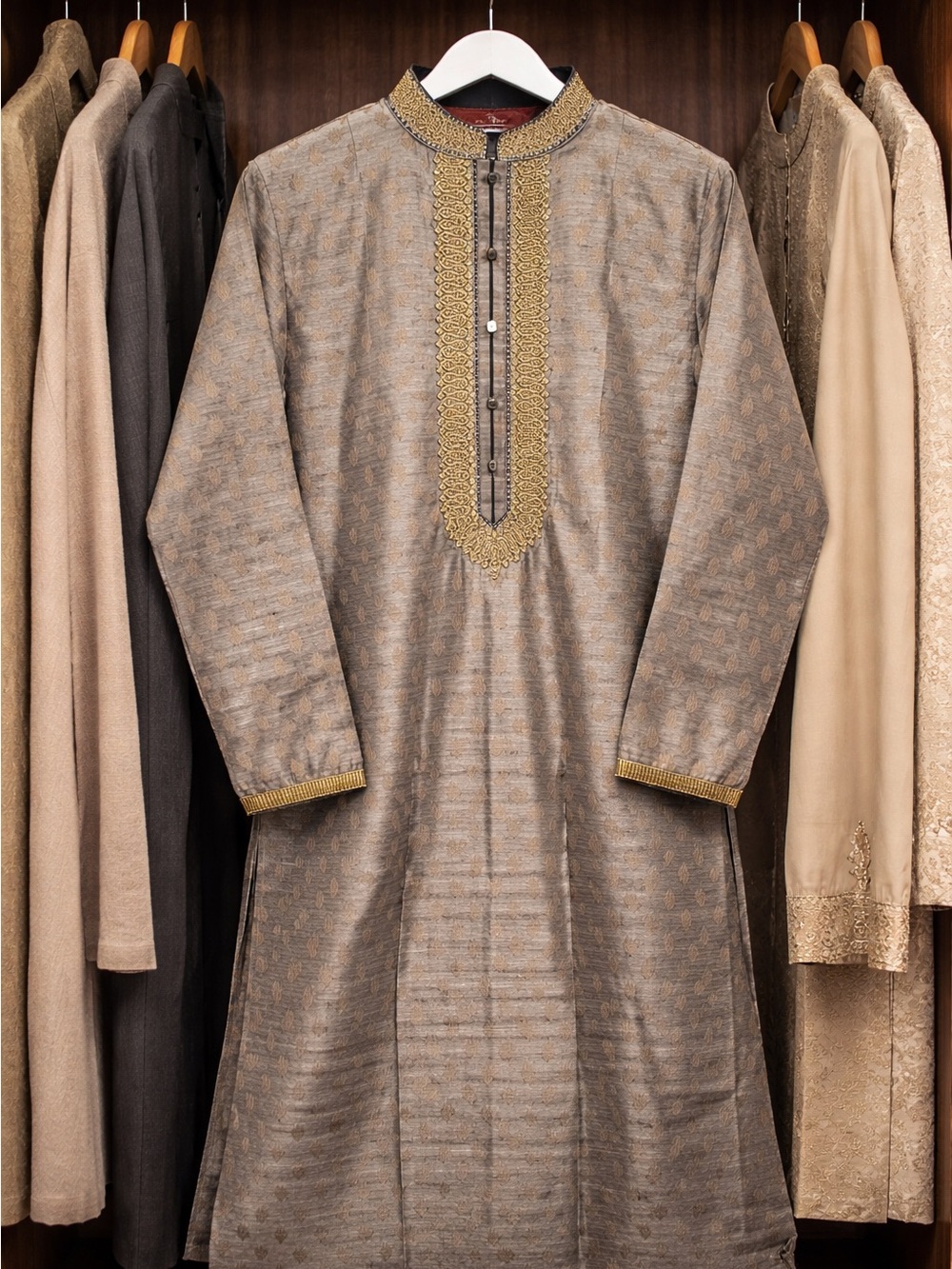 Men's Taupe Embroidered Kurta with Gold Trim